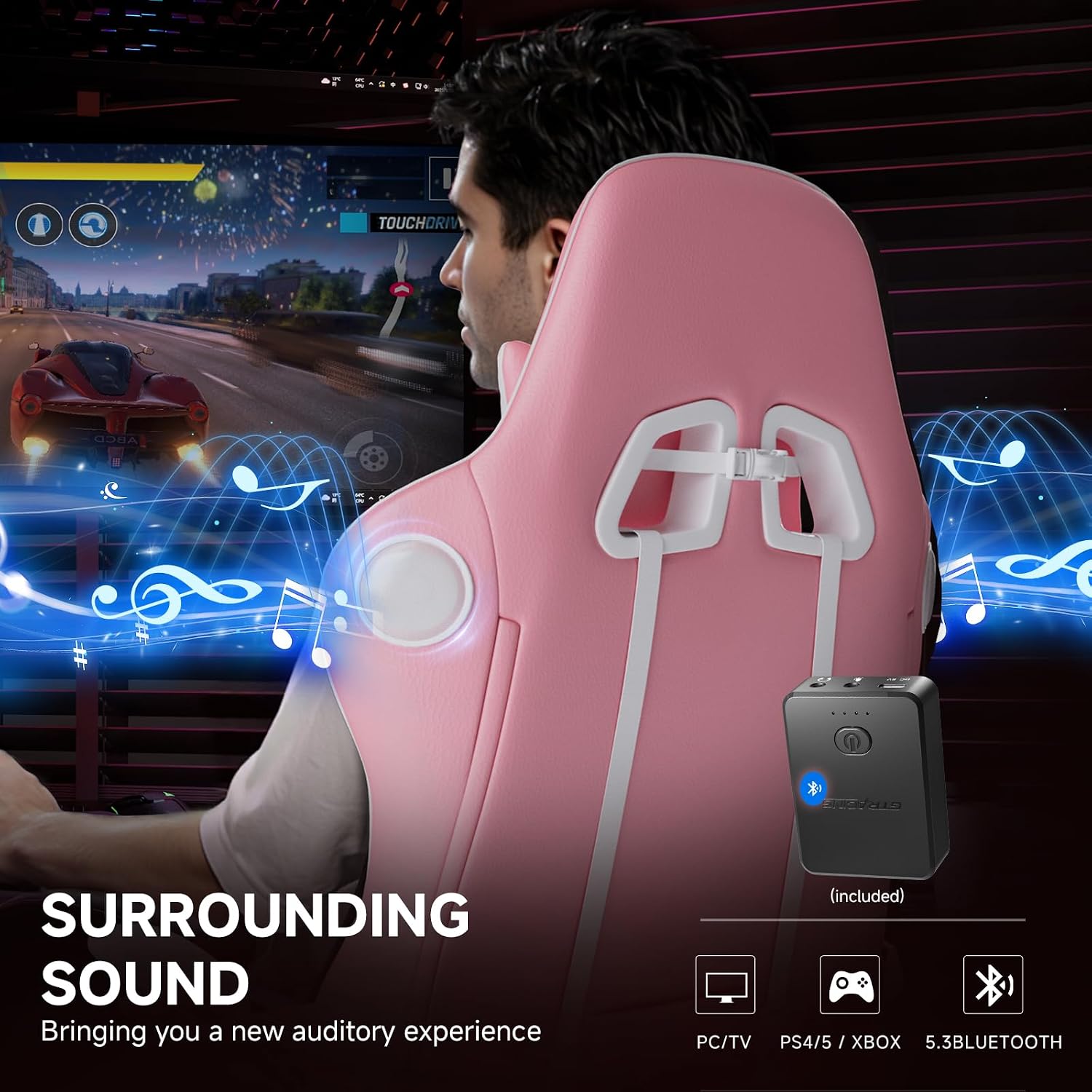 GTPLAYER Gaming Chair,Gamer Chair with Bluetooth and Adjustable Backrest,Seat Height Adjustable Computer Chairs with 3D Armrests,Video Game Chair with Footrest Speakers (Pink)
