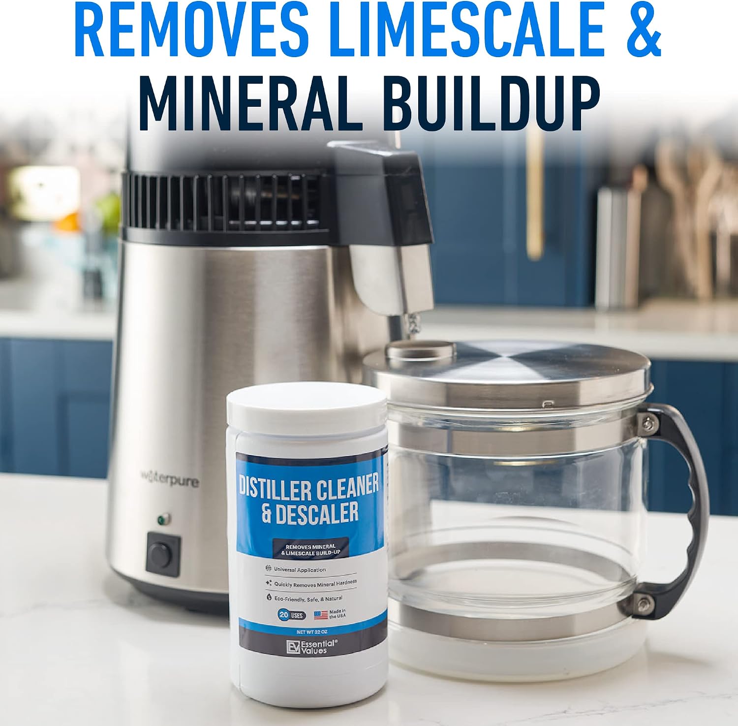 Essential Values Universal Descaler - Espresso Descaling Solution - Coffee Machine Cleaner - Critic Acid Tea Kettle Urn Water Distiller Cleaner - Manufactured in USA - 8 Pack