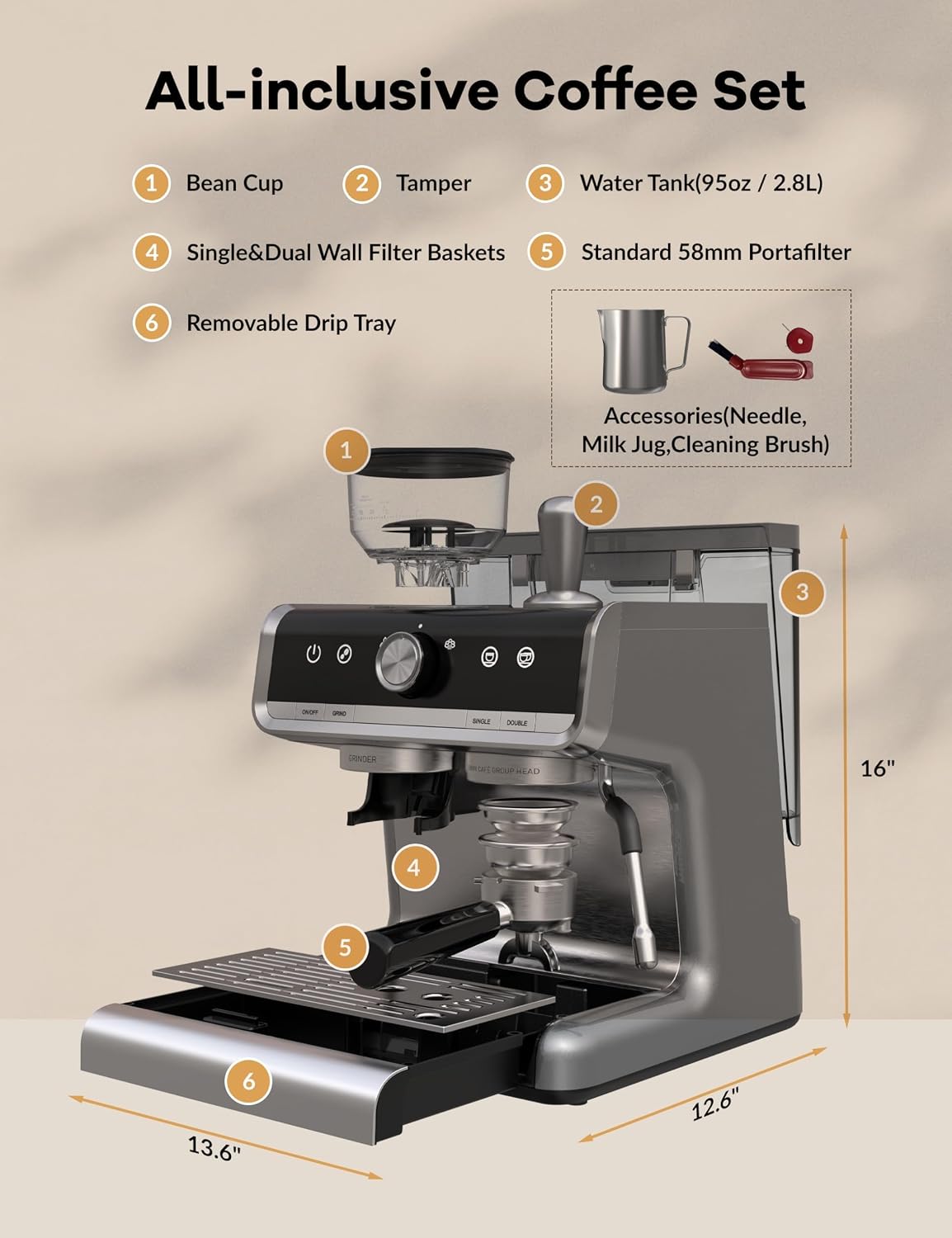 Garvee 12 Inch Espresso Machine, 20 Bar Professional Coffee Maker with Grinder for Home, Coffee Machine with High Power Milk Frother, Digital LCD, Stainless Steel (Single/Double Brew)