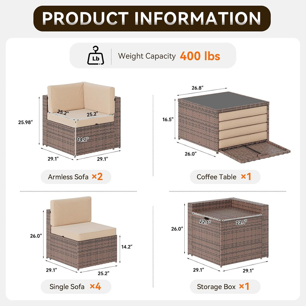 Aoxun 8-Piece Patio Furniture Set, Wicker Outdoor Sectional Sofa with Large Storage Table & Waterproof Cover, Patio Conversation Set for Backyard and Garden (Brown/Khaki)