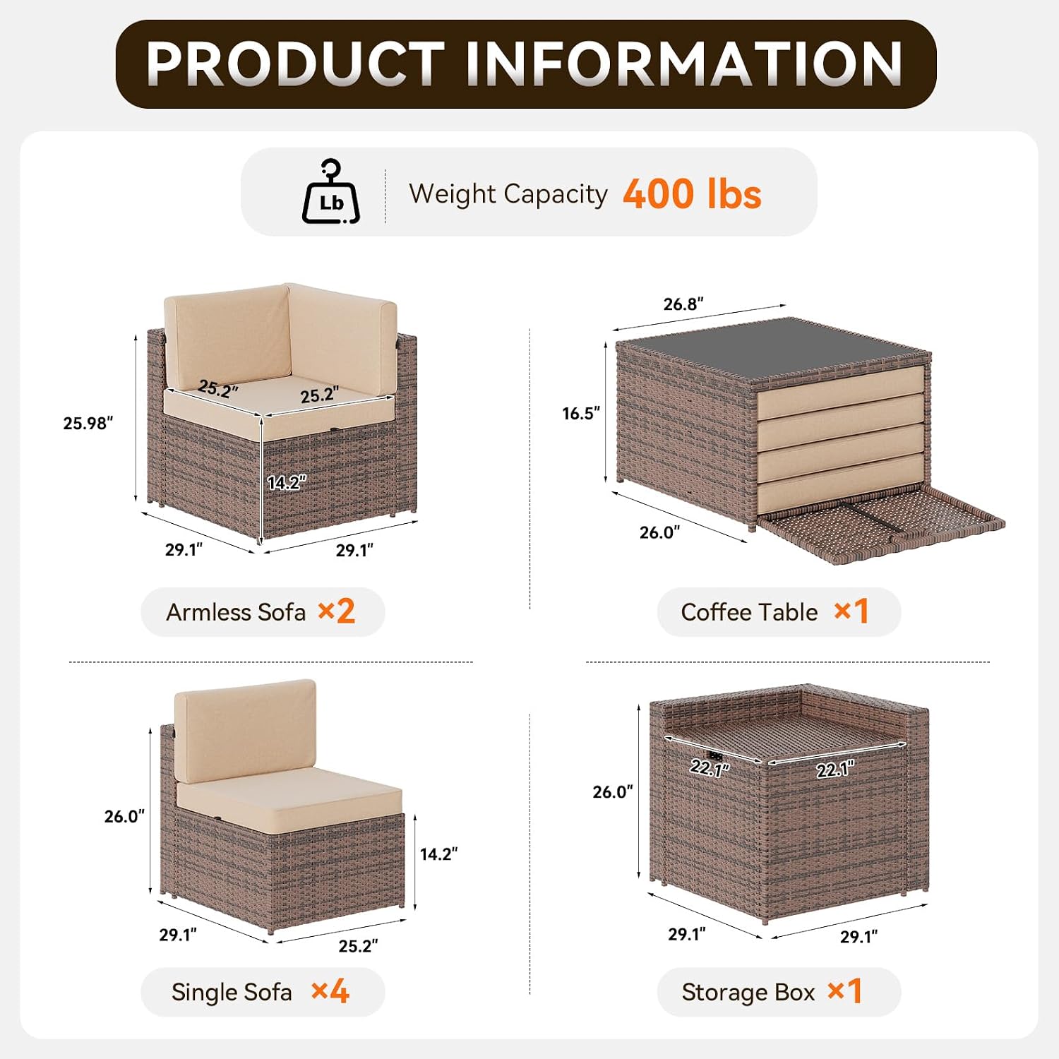 Aoxun 8-Piece Patio Furniture Set, Wicker Outdoor Sectional Sofa with Large Storage Table & Waterproof Cover, Patio Conversation Set for Backyard and Garden (Brown/Khaki)