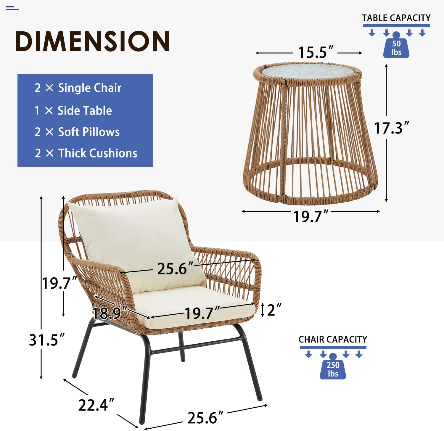 EROMMY 3-Piece Patio Conversation Bistro Set, Outdoor All-Weather Wicker Balcony Furniture with Tempered Glass Top Table & 2 Wide Ergonomic Armchairs, Seat Cushions for Porch, Backyard, White