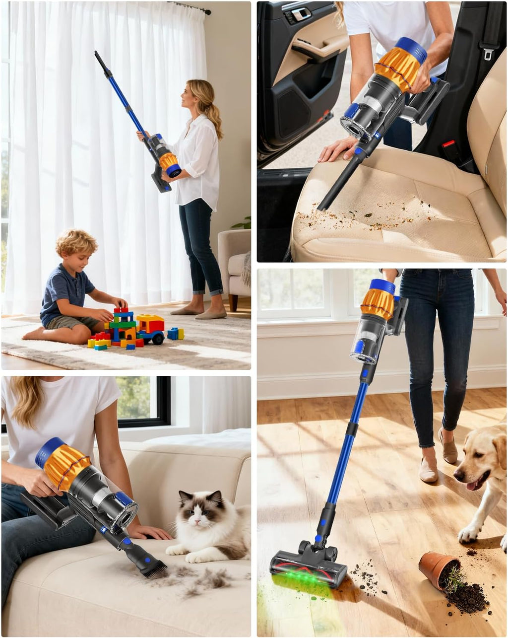 Cordless Vacuum Cleaner, 650W 48KPA 60Min Wireless Vacuum for Home，Stick Vacuum with Green Light Anti-Tangle, Rechargeable Vacuum Cleaners for Pet Hair Carpet Hard Floors (Blue)