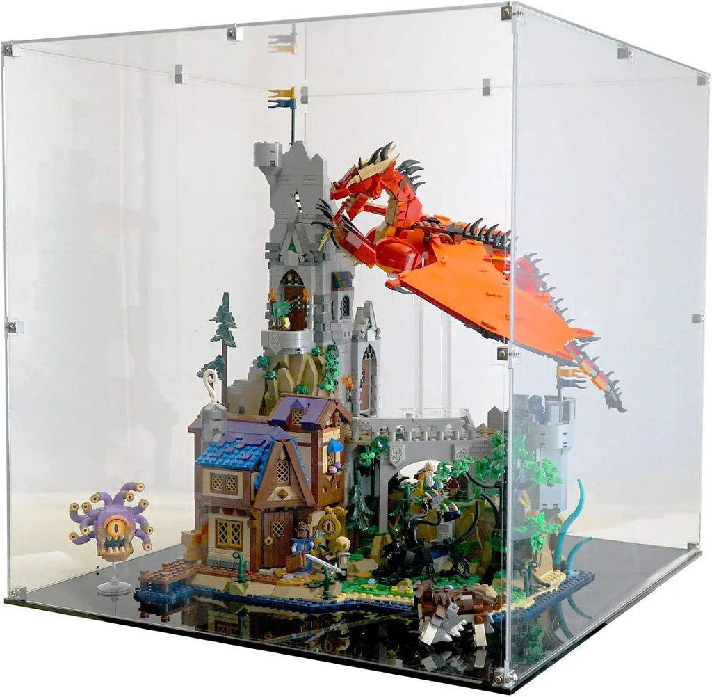 Display Case Compatible with Lego 21348 - Dungeons & Dragons: Red Dragon's Tale - Acrylic Dustproof Showcase with Black Back Panel - Set Not Included