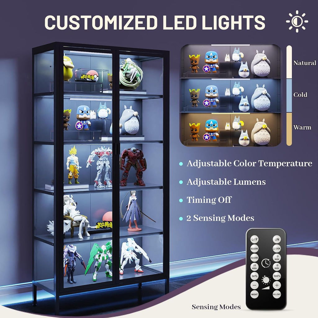 71' H Display Cabinet with Glass Doors,Display Case with LED Sensor Lights,Glass Display Cabinet with Adjustable Shelves and Feet,Display Cabinets for Living Room/Bedroom/Kitchen