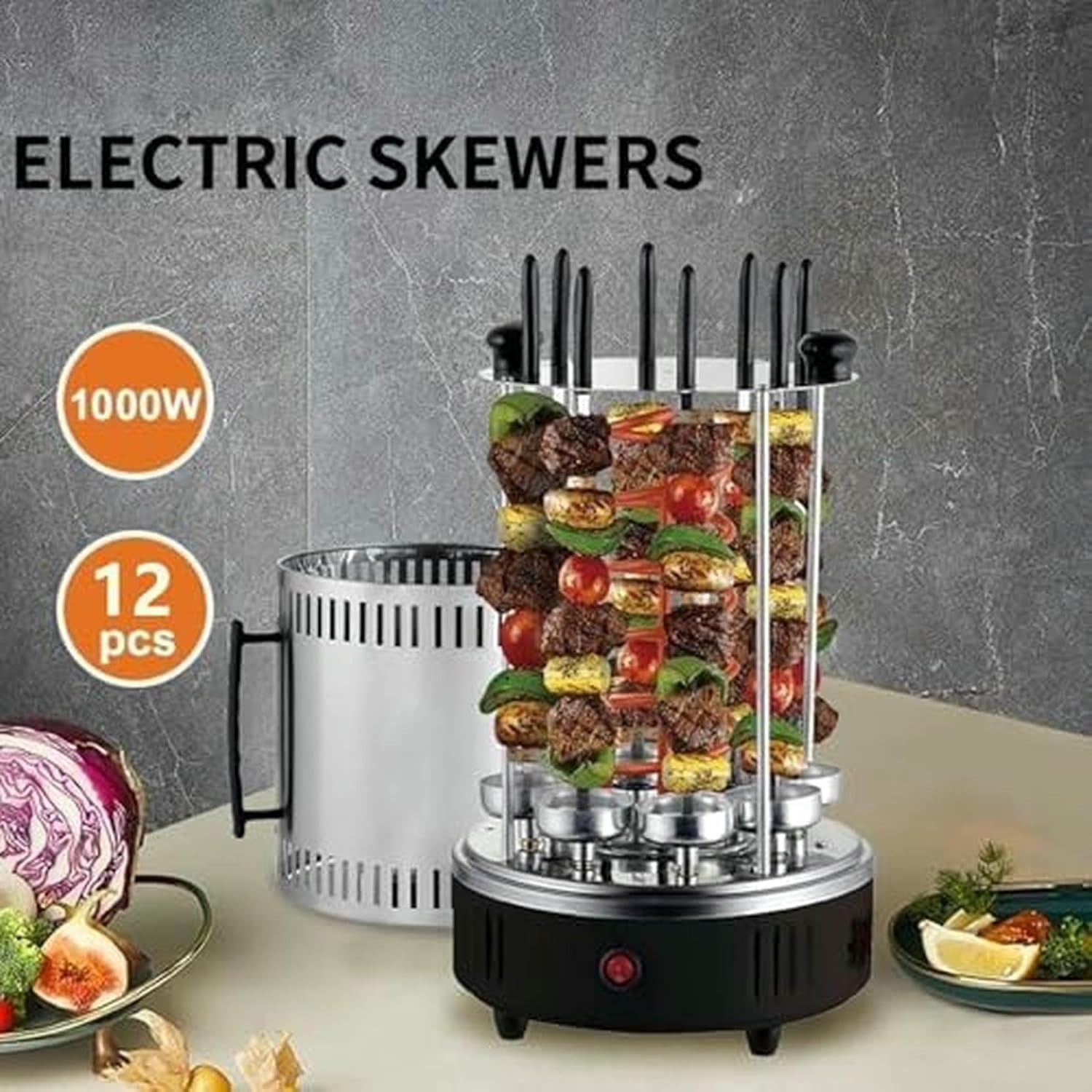 Vertical Rotisserie Kebab Machine Electric Grill with 12 Forks, Smokeless Indoor Barbecue for Kebabs, Skewers, and Roasts