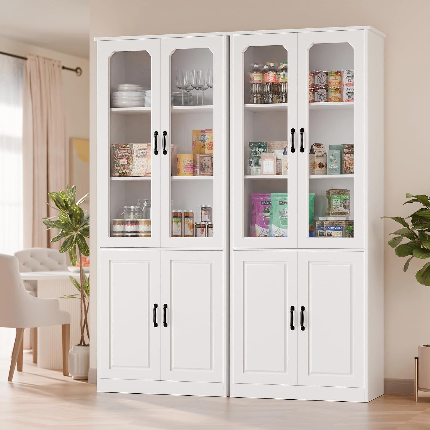 MU 78.7' Tall Kitchen Pantry with 2 Glass Doors, Freestanding China Cabinet with Adjustable Shelves, Large Kitchen Pantry Storage Cabinet Cupboard for Dining Room, Living Room, White (Large, 31.5' W)