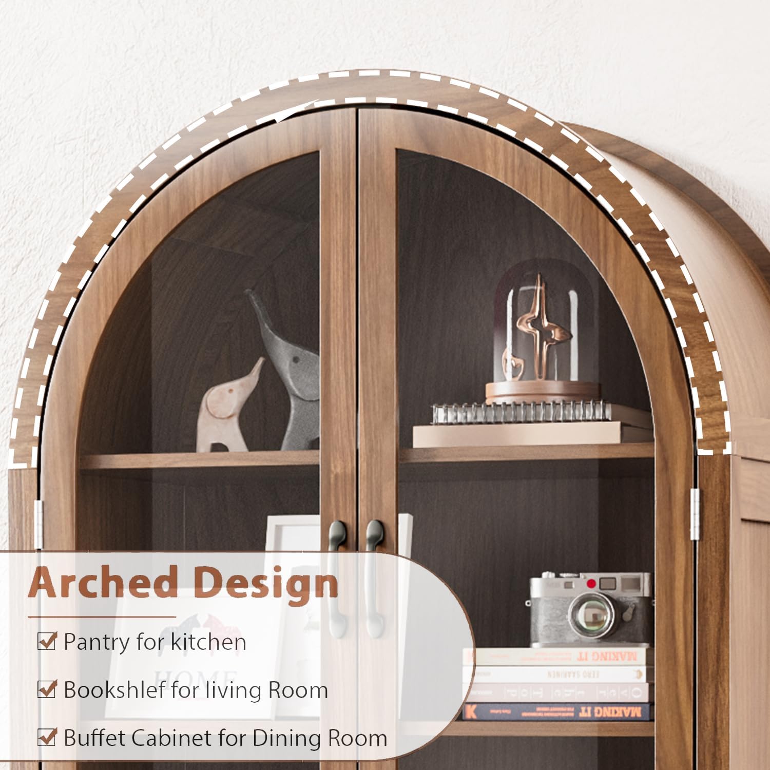 Lxsxlome 70.9'' Tall Arched Display Cabinet with Acrylic Glass Doors, Modern 5-Tier Arched Bookcase, Kitchen Pantry Storage Cabinet Curio Cabinets for Living Dining Room (Walnut, 31.5''W)