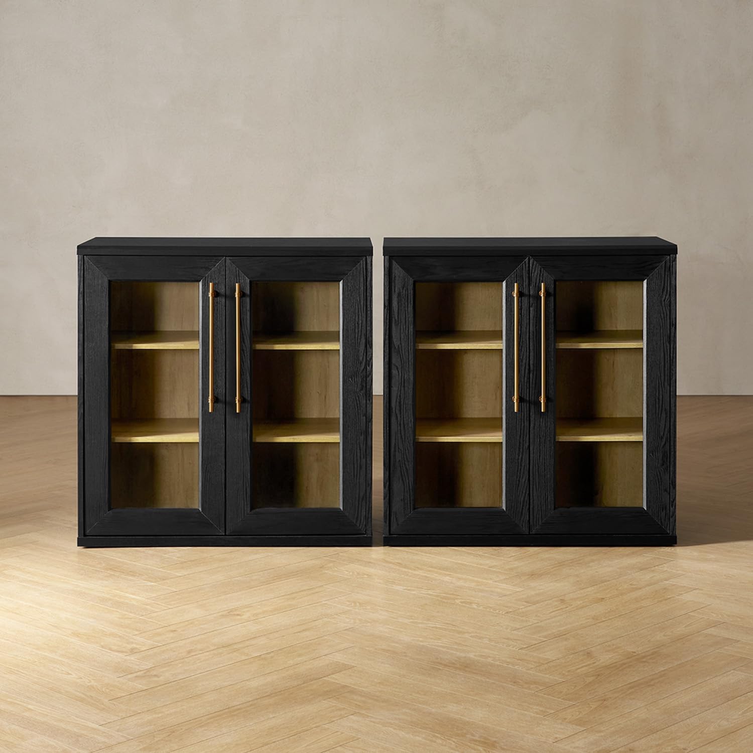 mopio Blake Storage Cabinet, Small Modular Accent Display Sideboard Buffet Cabinet with Storage, Media Console Credenza, for Kitchen, Coffee Bar, Pantry, Living Room (Black Oak Acrylic, Set of 2)