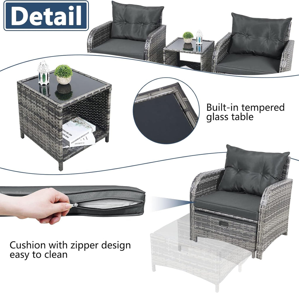 5 Pieces Wicker Outdoor Patio Chairs with Ottomans, All Weather PE Rattan Outdoor Conversation Set Bistro Patio Furniture Set with Hidden Ottoman for Porch Backyard Balcony, Grey
