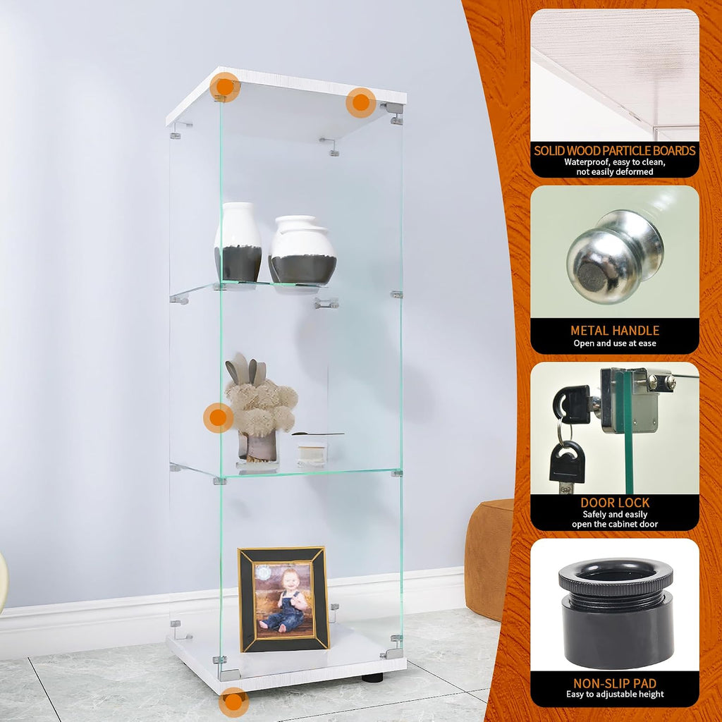 Beauty4U One-Door Glass Display Cabinet, White Curio Cabinets for Living Room, Bedroom, Office, Collection Display, Quick Installation in 30 Mins, 3 Shelves White Floor Standing Glass Bookshelf