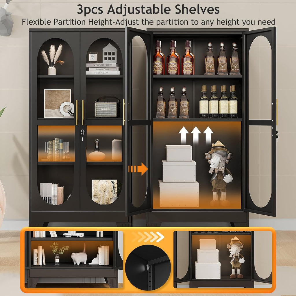 PAOFIN 61' H Locking Display Cabinet with Glass Door, Metal Cabinets with 3 Adjustable Shelves, Cabinet Display Case for Living Room, Collectibles, Clinic, Home - Assembly Required Black