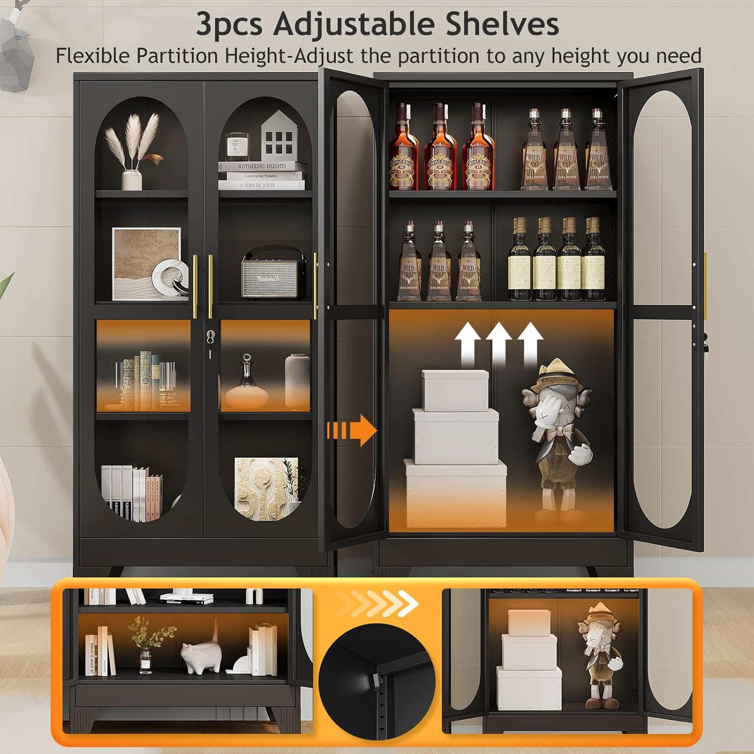 PAOFIN 61' H Locking Display Cabinet with Glass Door, Metal Cabinets with 3 Adjustable Shelves, Cabinet Display Case for Living Room, Collectibles, Clinic, Home - Assembly Required Black