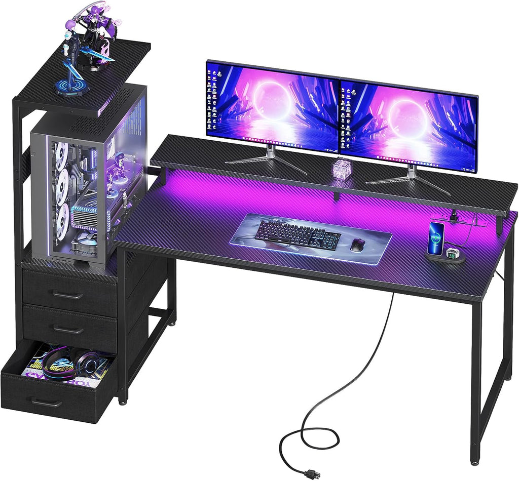 AODK 59 Inch Gaming Desk with LED Light- Reversible Computer Desk with Storage Shelves & Monitor Stand, Modern Gamer Desk Table with Fabric Drawers, Black