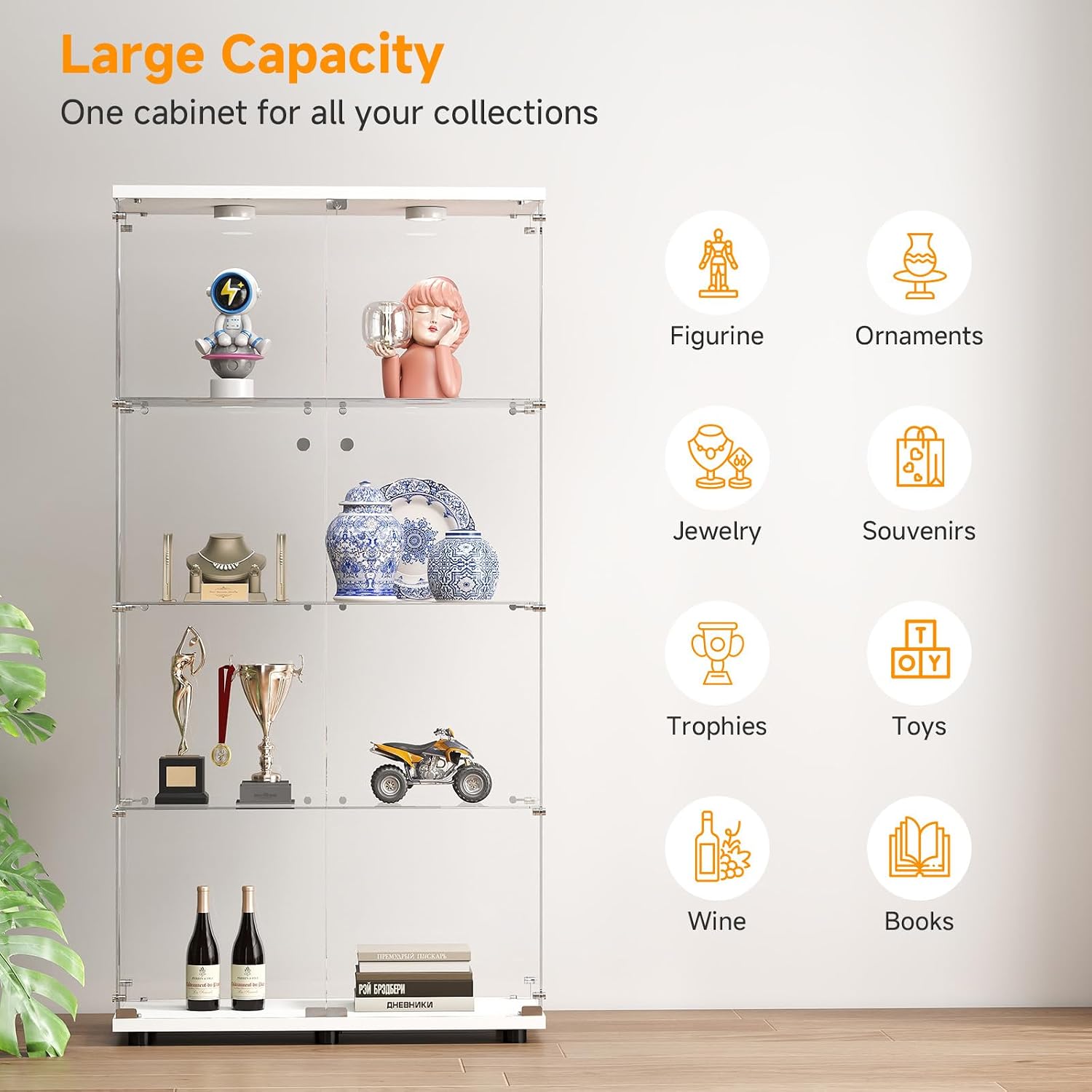 Zevemomo Tempered Glass Display Cabinet with Lights, 4-Tier Curio Cabinet with Glass Doors and Lock, Glass Display Case for Collectibles, for Living Room, Bedroom, Office, Double Door, White