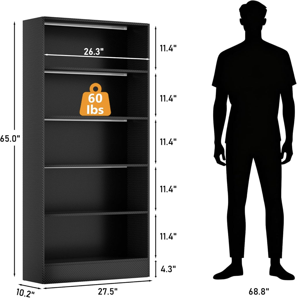 CODACE Tall Wooden Black Bookshelf - Book Shelf with LED Lights, Lighted Display Shelf with 5-Tier Shelves, Large Display Bookshelves for Collectibles, Modern Bookcase for Living Room, Bedroom, Office