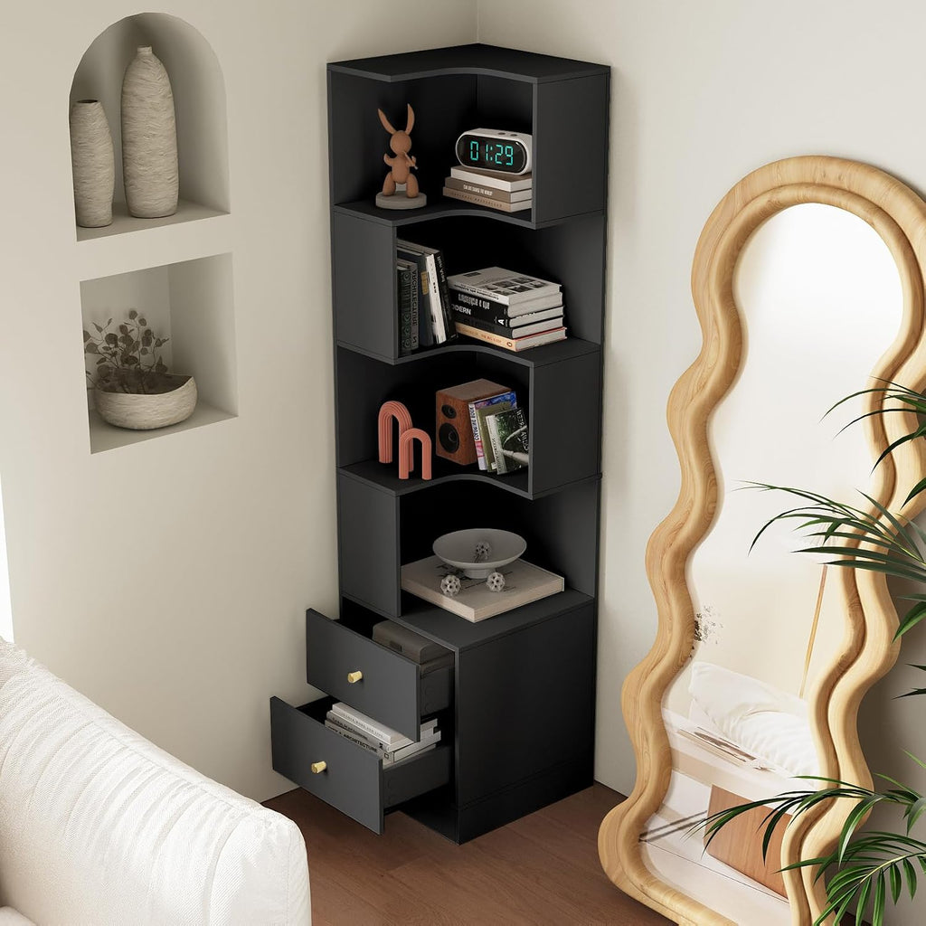ARTETHYS Corner Shelf with Light 5-Tier Black Storage Cabinet with Drawers Modern Tall Bookshelf Stand for Living Room