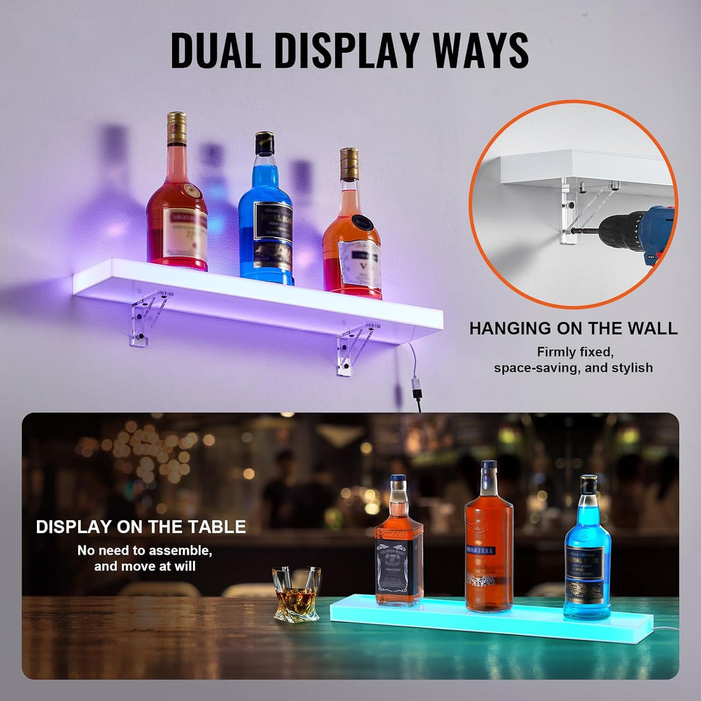 VEVOR LED Lighted Liquor Bottle Display, 1 Tier 24 Inch Wall Mounted Whiskey Rack Stand, 1 Step Commercial Illuminated Home Bar Shelf, Acrylic Drinks Light Shelves with RF Remote & App Control
