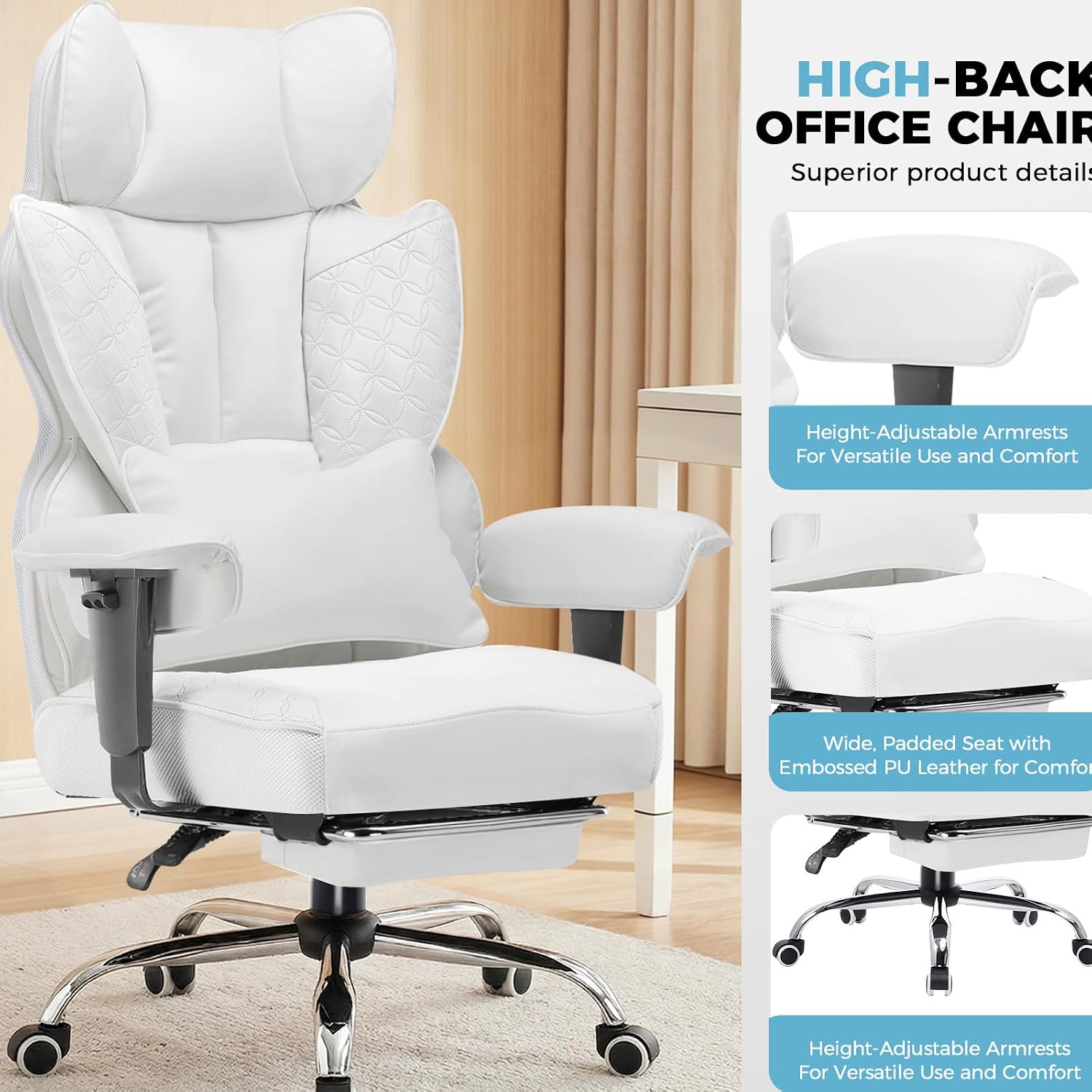 COMHOMA Desk Office Chair Big and Tall Office Chairs Ergonomic Gaming Chairs with Wide Seat Leather High Back Chair with Foot Rest Adjustable Armrests Pocket Spring Lumbar Support