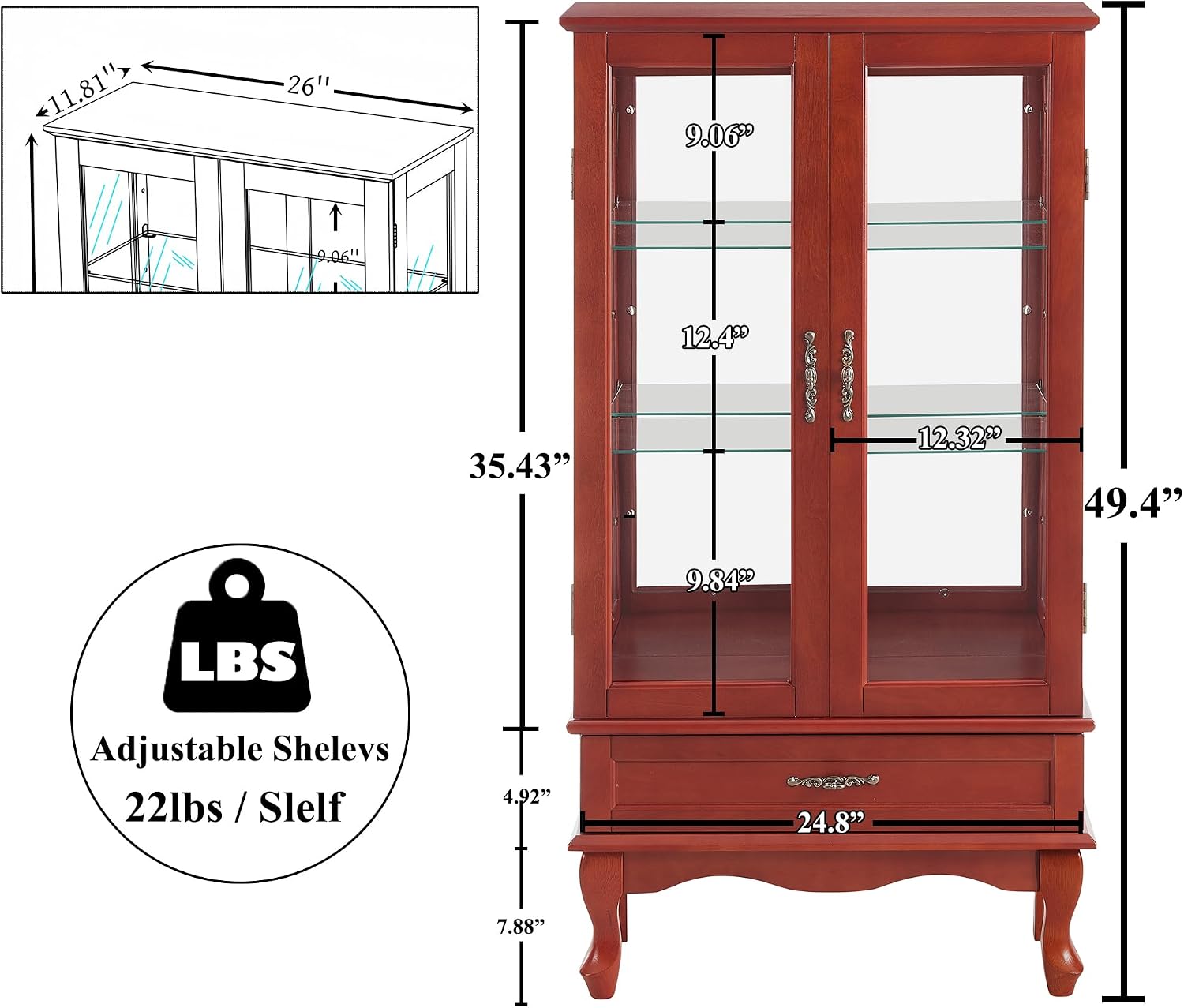 49' H Lighted Curio Cabinet Display Case, Glass Curio Cabinet with Adjustable Shelves,Tempered Glass Door and Drawer, Wooden Cabinets w/Mirrored Back Pane for Living Room (Cherry)