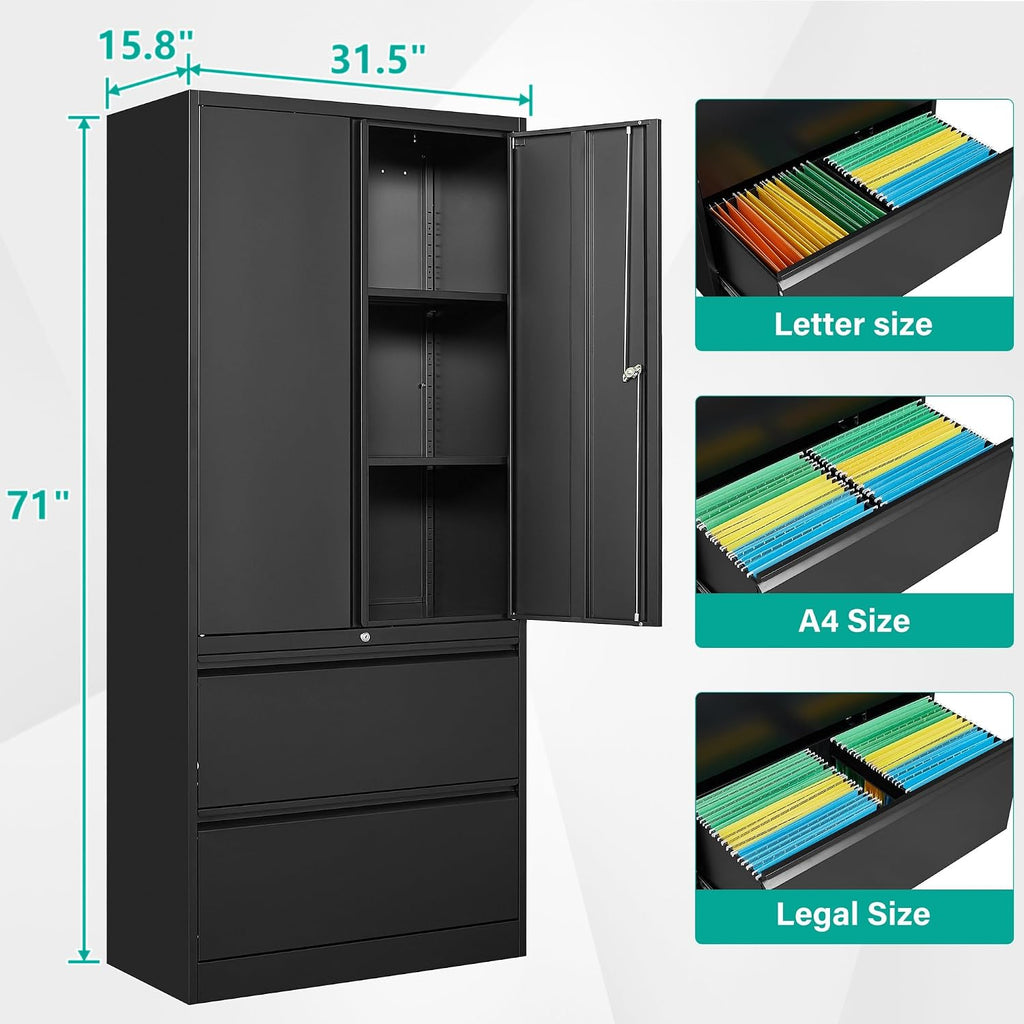 SISESOL Black Metal Storage Cabinet with Drawers and Lock,Locking Steel Storage Cabinet with Doors and Shelves,71' Office File Cabinets for Home Office,Warehouse,Garage,School (Black, 2 Drawers)