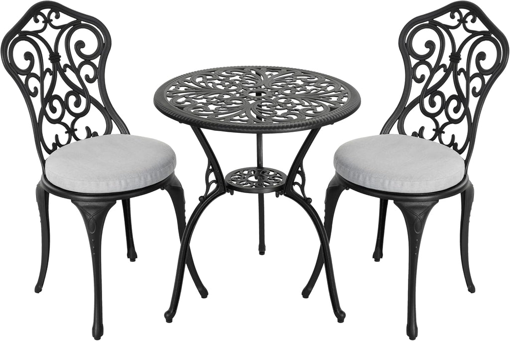 NUU GARDEN Patio 3-Piece Bistro Set with Olefin Cushions, Patio Chairs and Outdoor Round Table with Umbrella Hole, Cast Aluminum Patio Set for Lawn, Garden, Porch, Poolside, Black