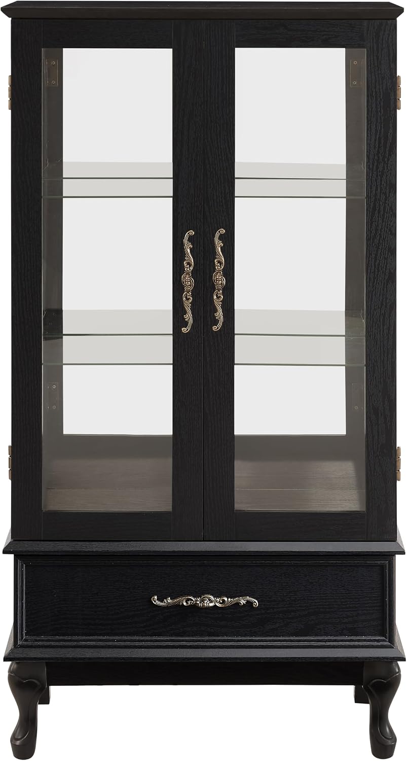 51' H Lighted Glass Curio Display Cabinet with 2 Doors & 1 Drawer, Wooden Glass Curio Showcase w/Adjustable Shelves & Mirrored Back Panel, Storage Cabinet Display Case for Living Room (Black)