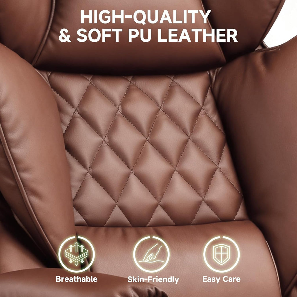 COMHOMA Big and Tall Office Chair, High Back Leather Gaming Chair with Footrest, Executive Ergonomic Office Chairs with Pocket Spring Lumbar Support and with Outward Fixed Soft Armrests
