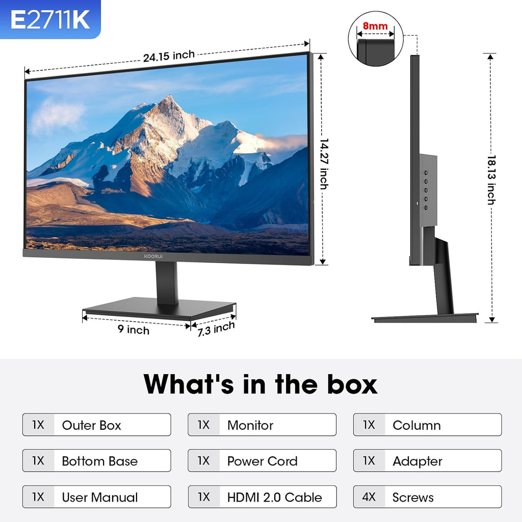 KOORUI 27 Inch Gaming Office Monitor 144Hz IPS Display, FHD 1080P with FreeSync, Eye Care TÜV Rheinland Certified with Slim Bezels, HDMI VGA Ports, Ergonomic Tilt, VESA Mount, Black