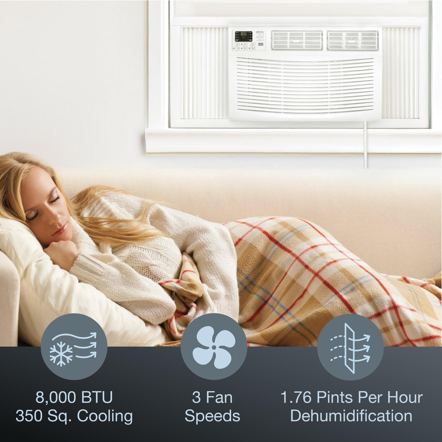 Amana 8,000 BTU Window Air Conditioner with Dehumidifier, 115V, Window AC for Rooms up to 350 Sq. Ft., Bedrooms, Bathrooms, and Nurseries with Remote Control, Digital Display, Timer, 3 Cooling Speeds