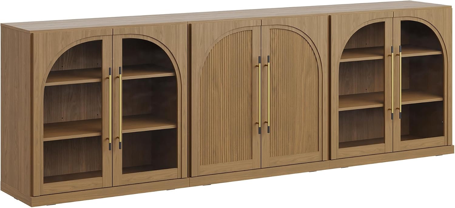 BELLEZE 3-Piece Modular Buffet Cabinet with Storage Freely Configurable, 97'' Modern 2 Arched Glass Door Sideboards and 1 Double-Arc Wood Door Credenza for Dining Room Living Room Entryway - Camel