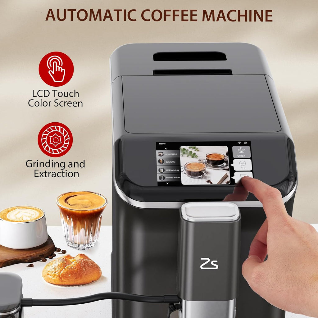 Fully Automatic Espresso Machine with Grinder, 20 Bar Espresso Machine with Automatic Milk Frother, 1-15 Adjustable Grind Size Levels, 1.5L Water Tank, Cappuccino & Latte Machine for Home