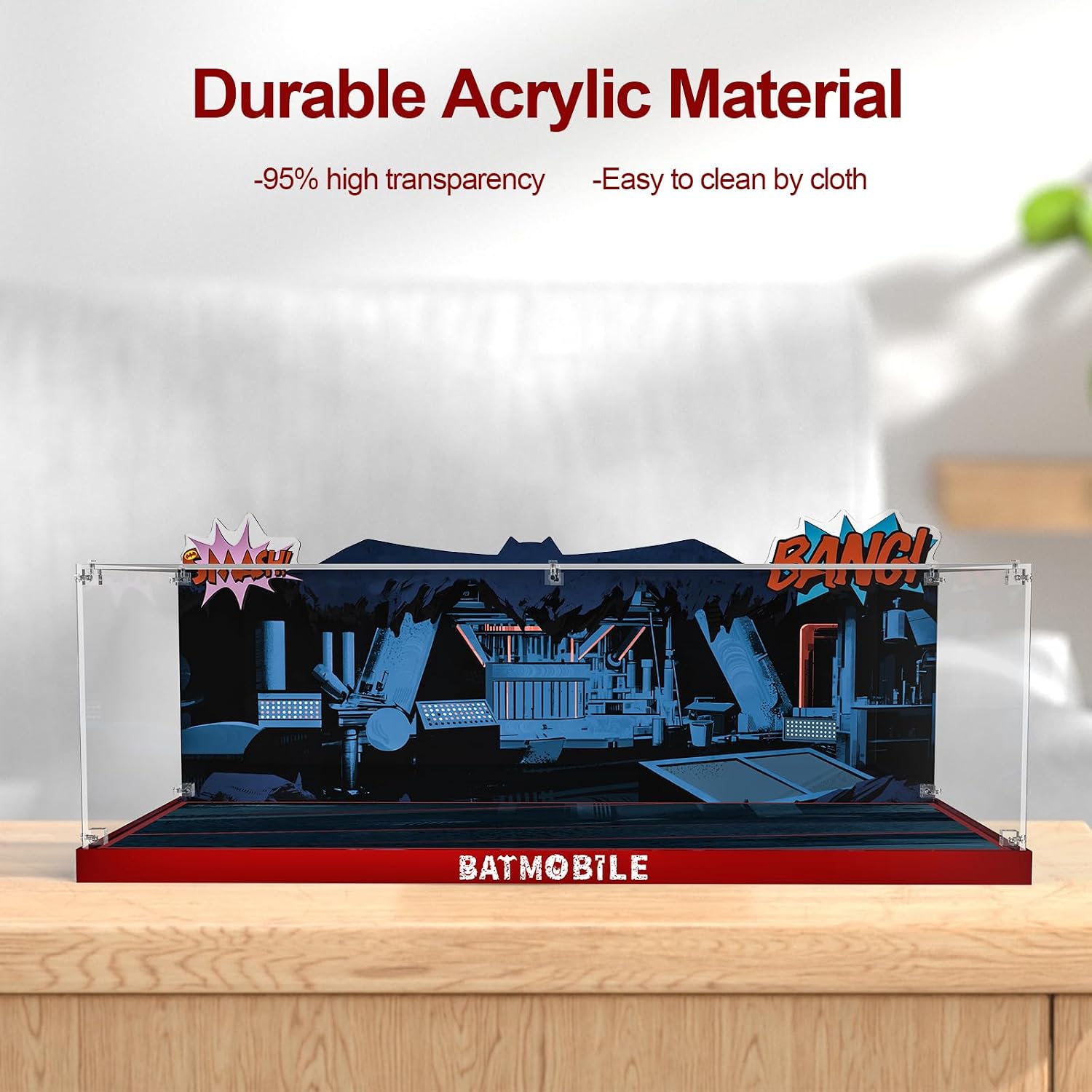 Acrylic Display Case for Lego DC Batman: The Classic TV Series Batmobile, Dustproof Display Box Compatible with Lego 76328 (ONLY Box, NOT Model) Clear Acrylic Plate with Base & HD Painted