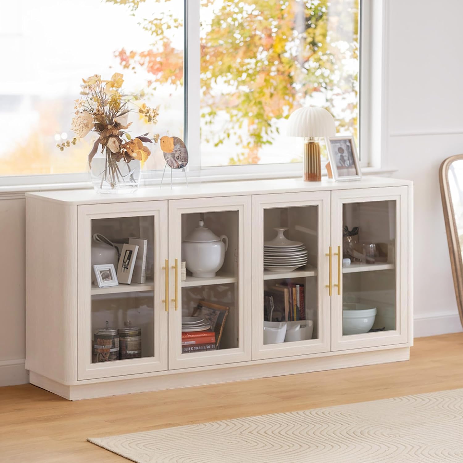 NEWOWNDS Buffet Cabinet with Storage,63' Large Sideboard,Kitchen Storage with 4 Glass Doors, Modern Glass Display Cabinet,Entryway Table for Dining Room,White
