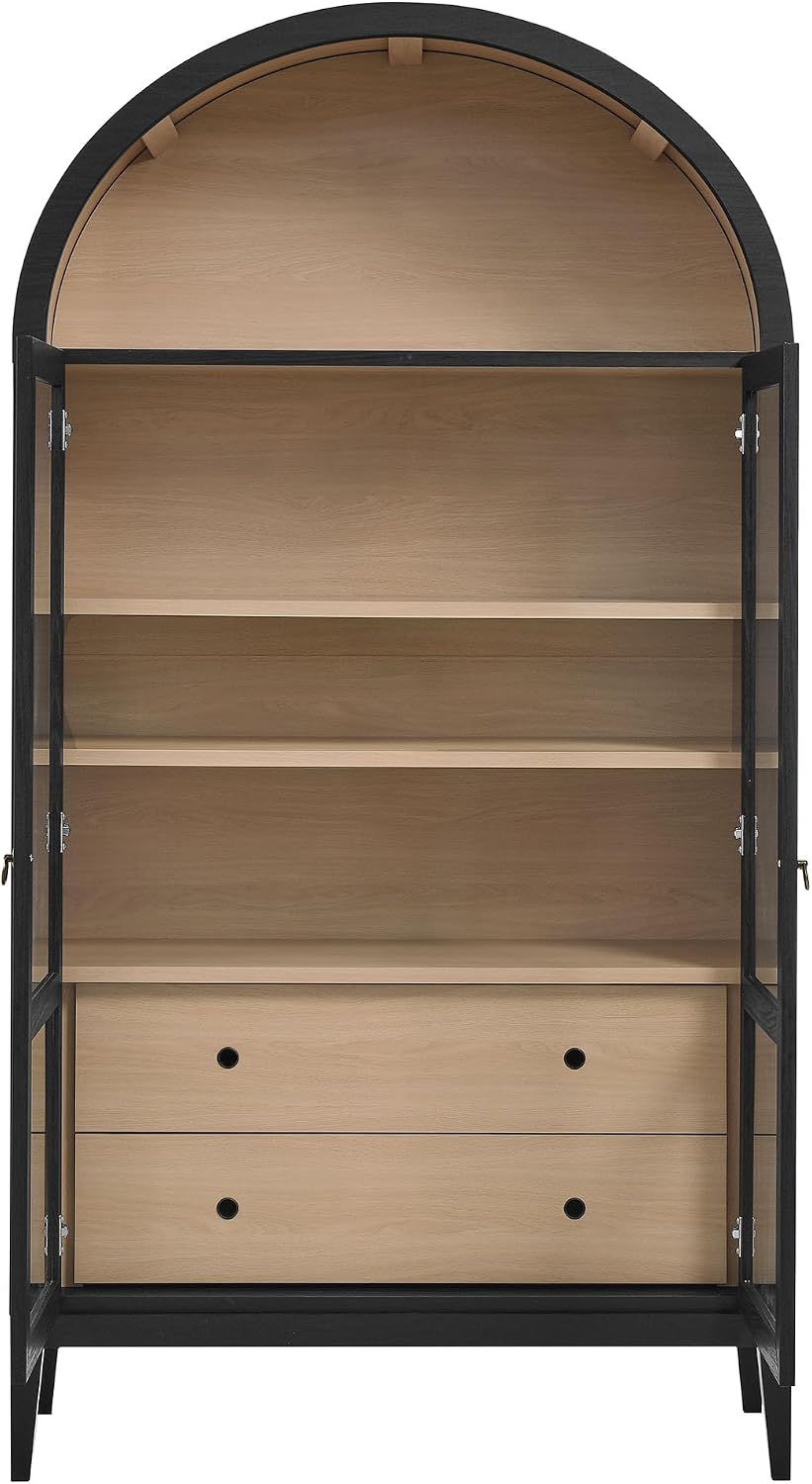 Modway Nolan Tall Arched Storage Display Cabinet in Black Oak - 74 Inch Arch Bookshelf with Glass Doors, Shelves and Drawers - Modern Accent Cabinet for Living Room, Dining Room
