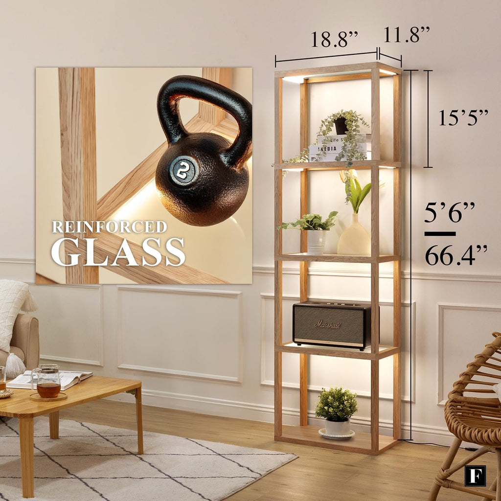 FENLO Fantasy Plus 66' Luxury Display Shelf With Dimmable LED Floor Lamps, Sturdy Glass Shelves for Bedroom, Curio Cabinet With Bookshelf Display Case, Floor Lamp With Shelves, Rustic Wood