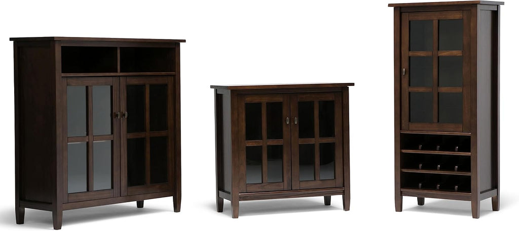 SIMPLIHOME Warm Shaker Storage Cabinet - 32 inch Wide Solid Wood 2-Shelf Low Storage Cabinet in Tobacco Brown, Transitional Accent Cabinet for Entryway with Tempered Glass Doors and Shelves