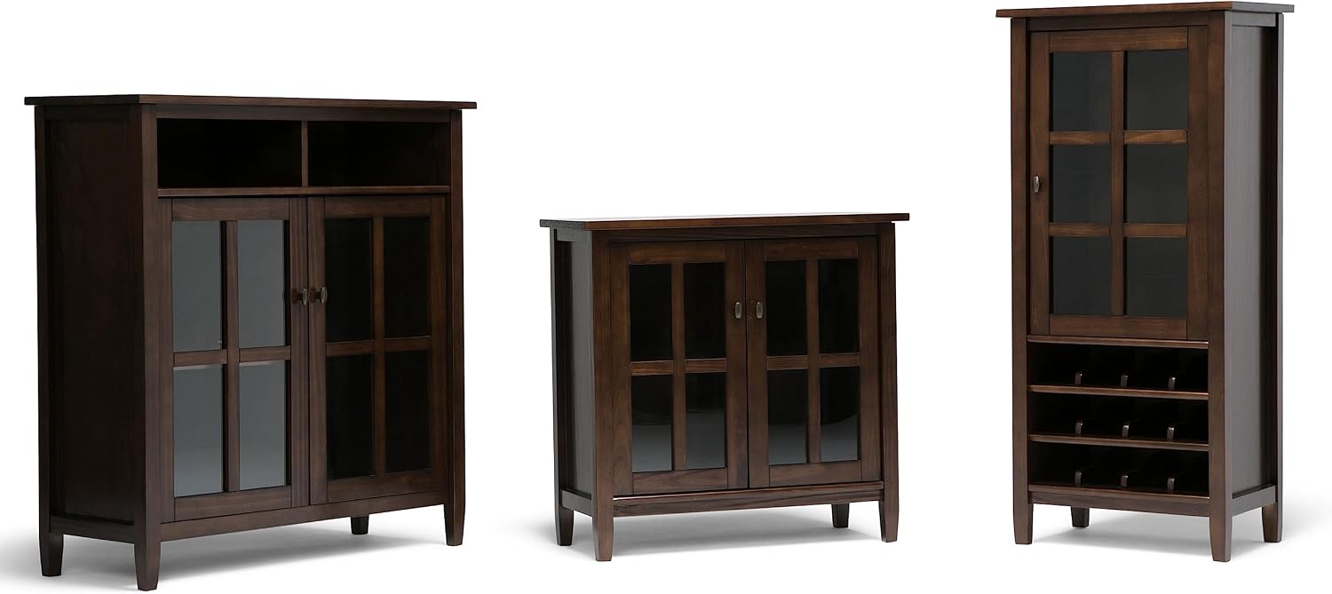 SIMPLIHOME Warm Shaker Storage Cabinet - 32 inch Wide Solid Wood 2-Shelf Low Storage Cabinet in Tobacco Brown, Transitional Accent Cabinet for Entryway with Tempered Glass Doors and Shelves