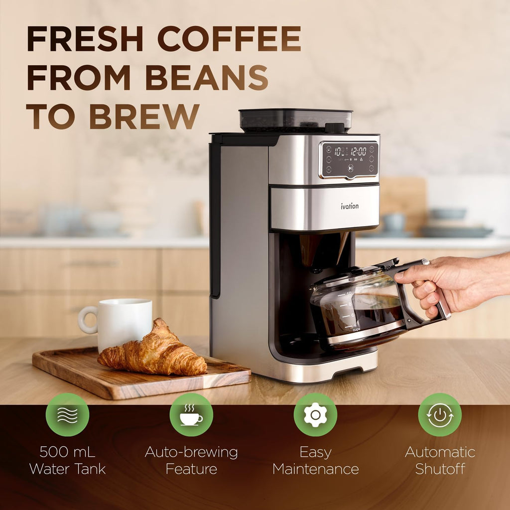 Ivation 2-in-1 Drip Coffee Maker & Grinder – Programmable Auto Brew & Timer - Warming Plate - 10 Cup - Reusable Filter Basket – 1.5L Water Tank – 1000W - Pause and Pour