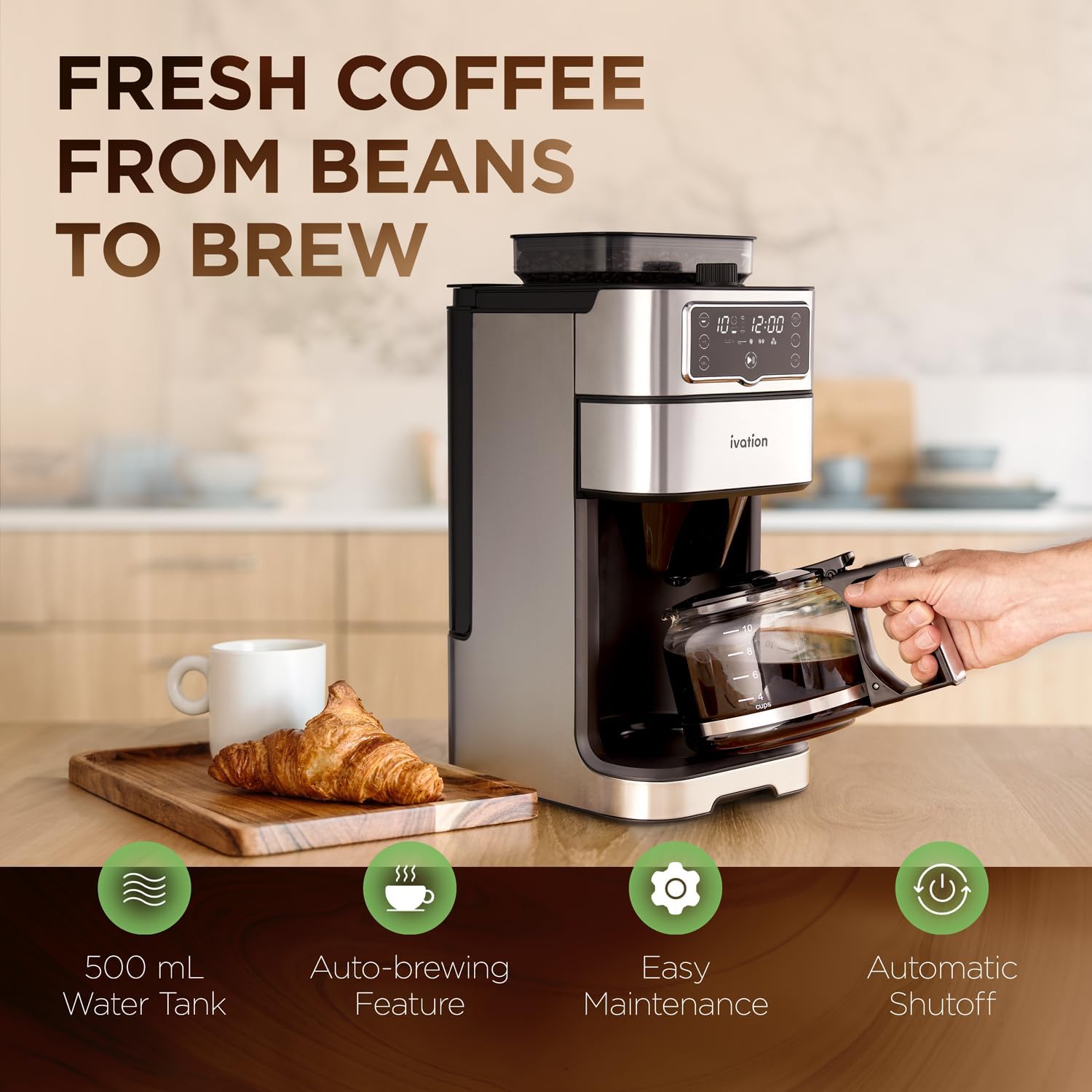 Ivation 2-in-1 Drip Coffee Maker & Grinder – Programmable Auto Brew & Timer - Warming Plate - 10 Cup - Reusable Filter Basket – 1.5L Water Tank – 1000W - Pause and Pour