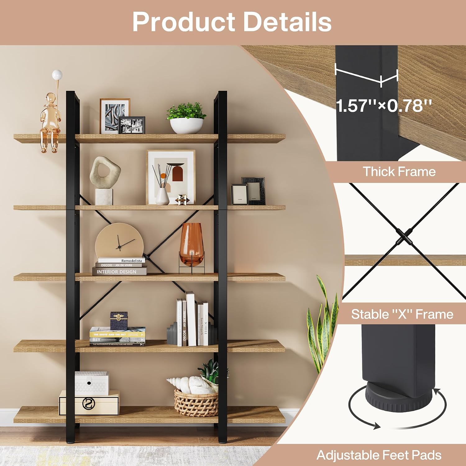 Tribesigns 5-Tier Bookshelf, Vintage Industrial Style Bookcase 72 H x 12 W x 47L Inches (Beige)