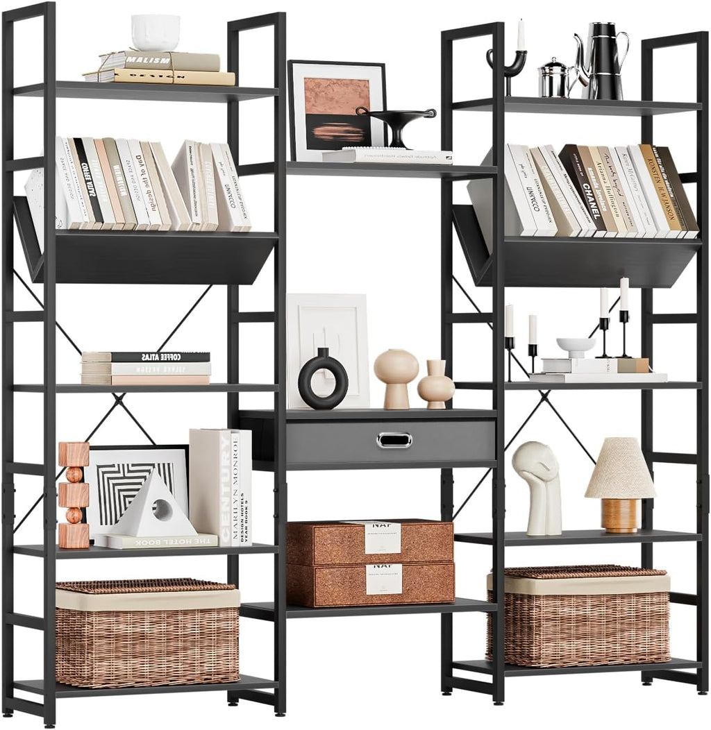NUMENN Bookcases and Bookshelves Triple Wide 5 Tier Bookshelf, Large Etagere Bookshelf with Storage Drawer, Adjustable Open Display Shelves for Living Room, Bedroom, Home Office, Black