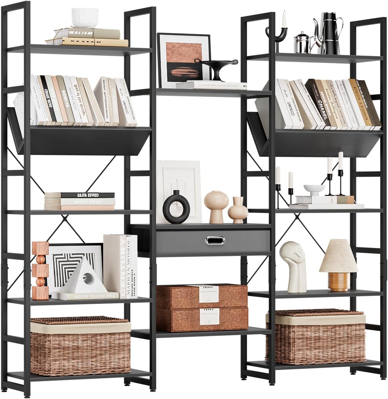 NUMENN Bookcases and Bookshelves Triple Wide 5 Tier Bookshelf, Large Etagere Bookshelf with Storage Drawer, Adjustable Open Display Shelves for Living Room, Bedroom, Home Office, Black