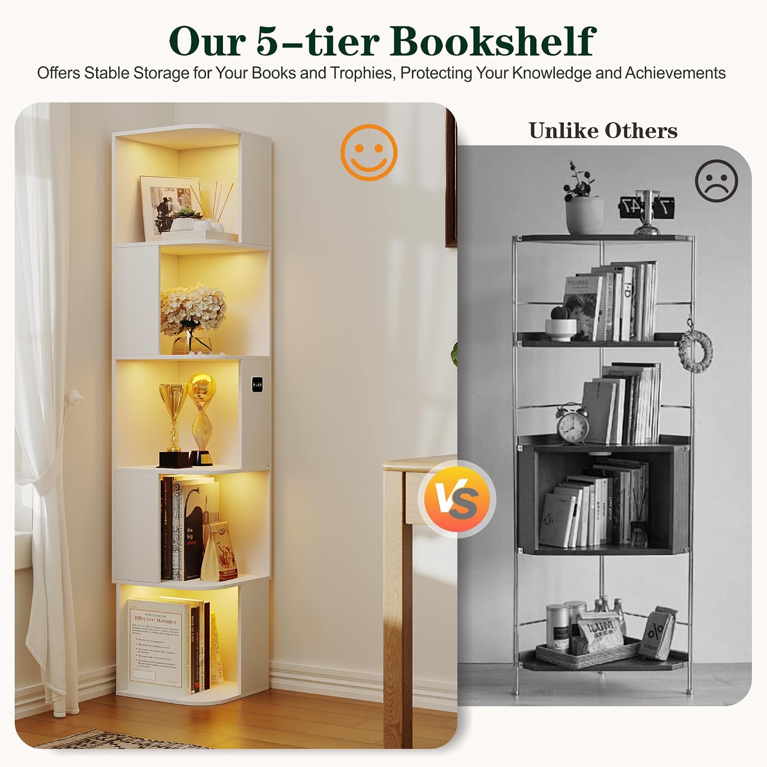 5 Shelf Bookcase - Corner Bookshelf with 3 Colors LED Sensor Lights Modern Cube Storage Organizer for Lego Books Living Room Study Bedroom - Ideal Gift (White)