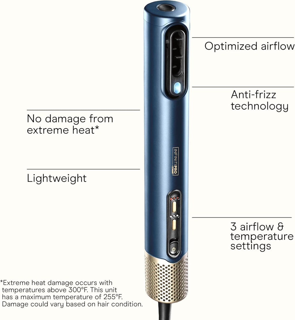 Infiniti PRO CONAIR DigitalAIRE Hair Dryer Drying Wand, Straightener and Styler, Ionic All-in-One Digital Motor Blow Dryer, Includes 3 High-Performance Attachments, Dark Blue