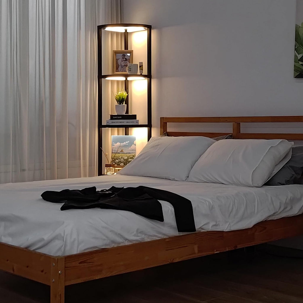 FENLO Corner Floor Lamp with Shelves, Dimmable LED Corner Shelf with Lights, Standing Lamp for Living Room, Shelf Lamp with Full Brightness Control, Color Changing Temps, and Reinforced Glass
