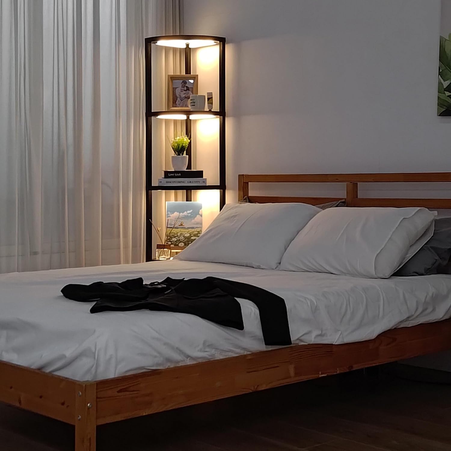 FENLO Corner Floor Lamp with Shelves, Dimmable LED Corner Shelf with Lights, Standing Lamp for Living Room, Shelf Lamp with Full Brightness Control, Color Changing Temps, and Reinforced Glass
