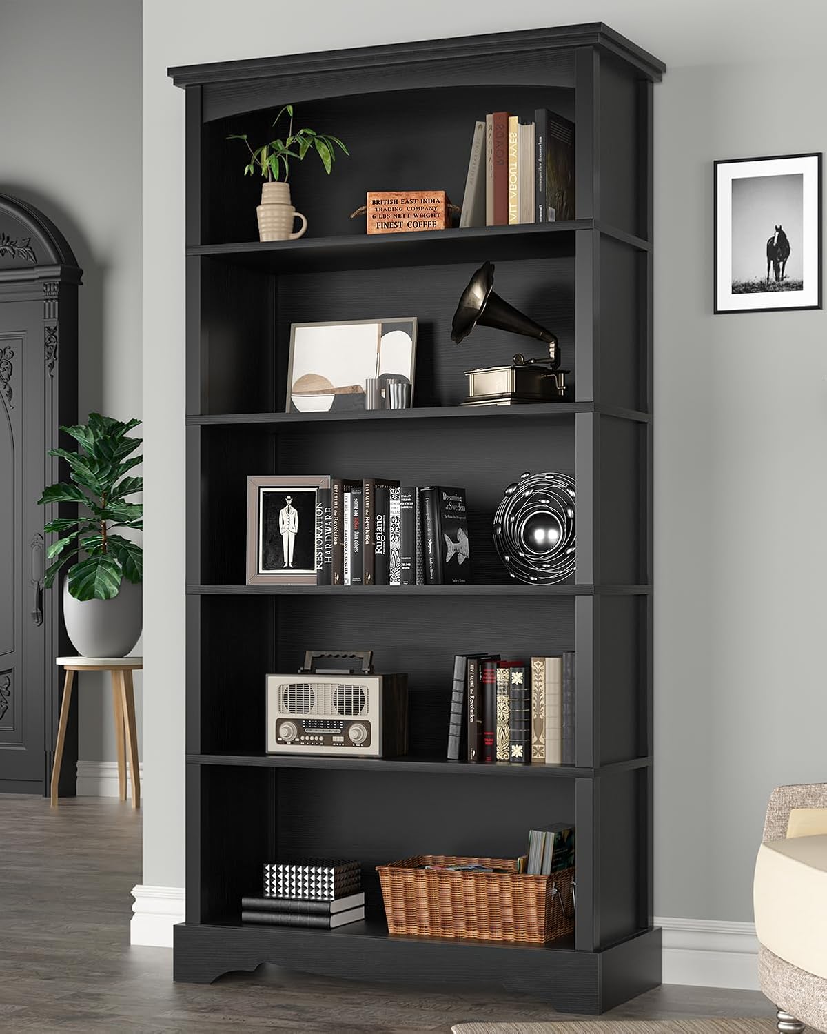 TVU 5-Tier Wooden Bookshelf, 31.5' W x 65' H ×9.9' D Bookshelf with Storage, Floor Standing Modern Style Display Bookcase for Living Room, Office, Study Room, Entryway, Black