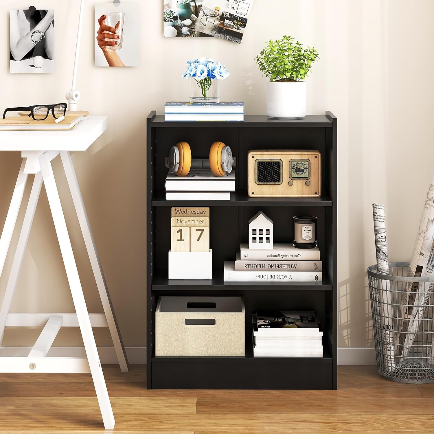 Tangkula 3 Tier Bookcase, Floor Standing Open Bookshelf with 18-Position Adjustable Shelves, Anti-toppling Device, Modern Multipurpose Display Storage Organizer for Living Room Study (2, Black)
