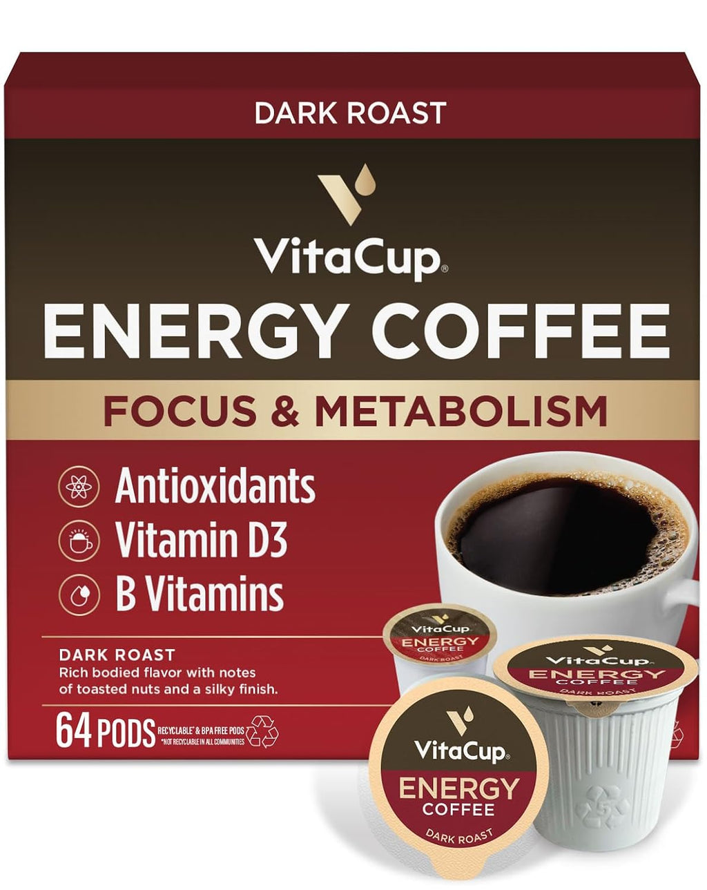 VitaCup Energy Dark Roast Coffee Pods, Boost Focus & Metabolism, Antioxidants, B Vitamins, Bold & Smooth,100% Arabica Coffee, Single Serve Pod Compatible with Keurig K-Cup Brewers,64 Ct